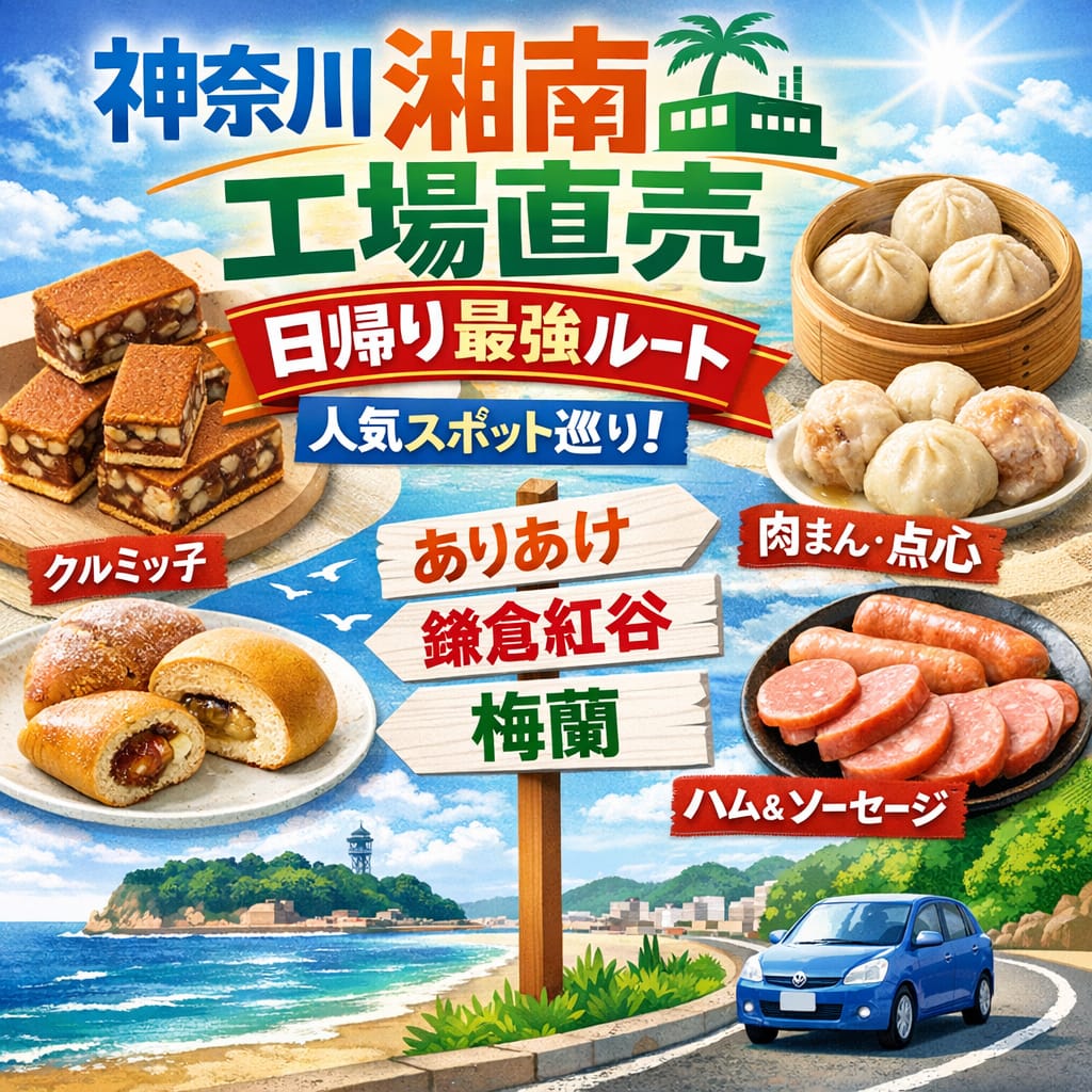 湘南〜横浜南部の工場直売を1日で回れる最強ルートを紹介。ありあけ・鎌倉紅谷・梅蘭など人気直売所を住所付きで完全解説。安くて美味しい日帰りプランに最適。